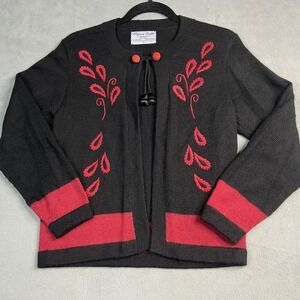 Alpaca Style Sweater Women‎ Small Black Red Cardigan Open Embordered Tassels